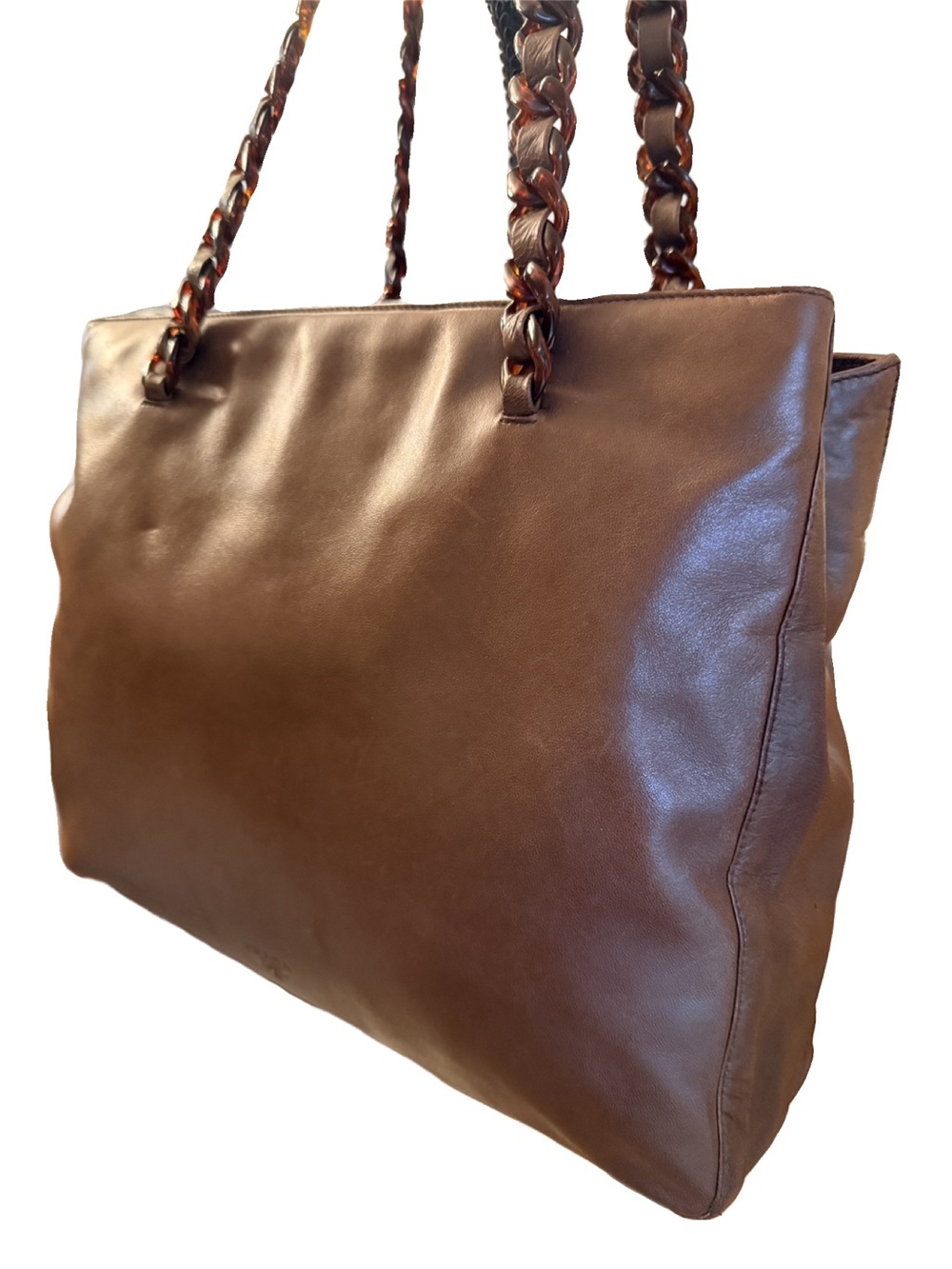Prada Tessuto Nappa Leather Brown Tortoiseshell Chain Tote Bag w COA - Picture 6 of 16